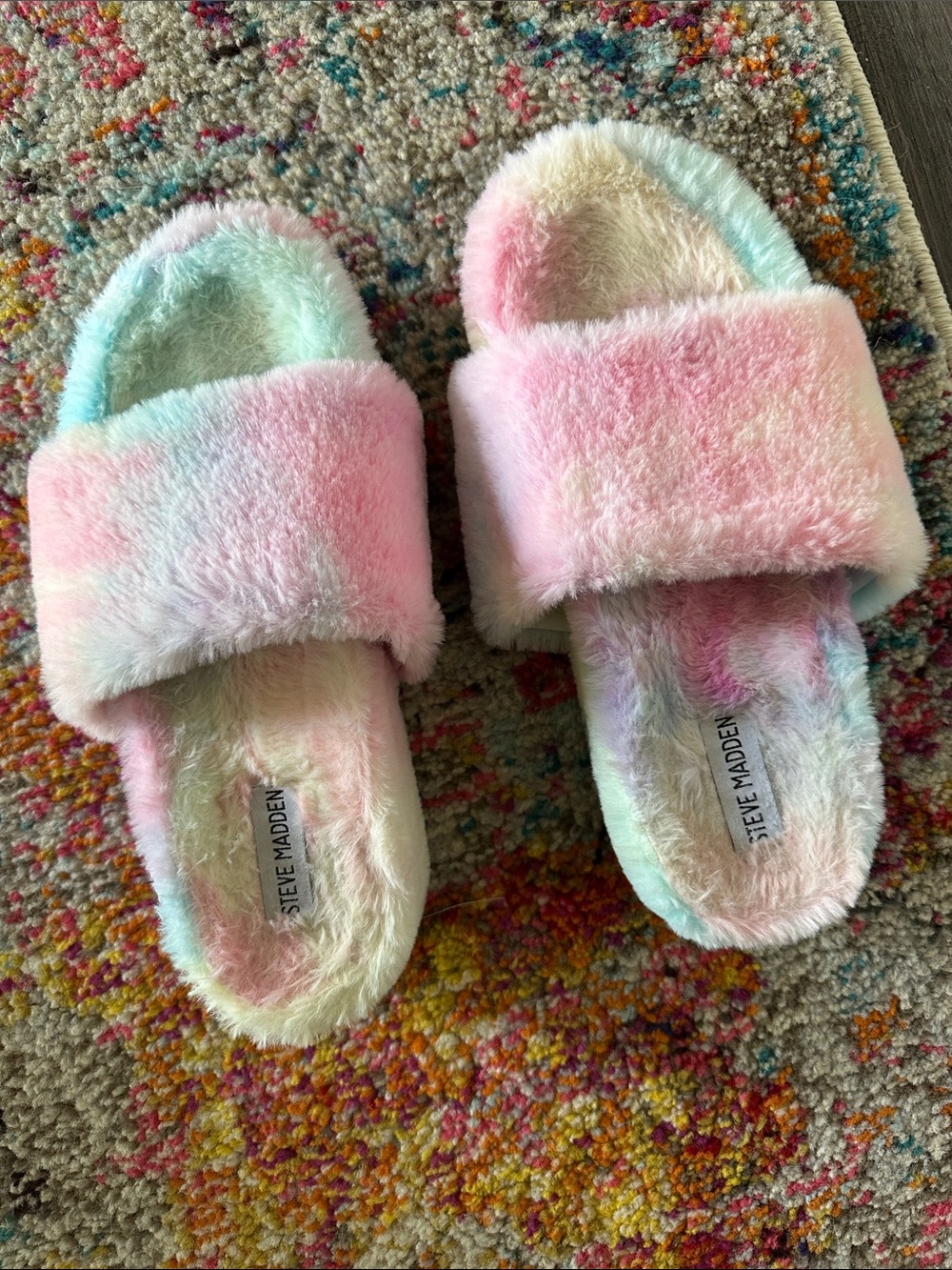 Steve Madden Pastel Tie-Dye Fuzzy Slide Slippers - Platform